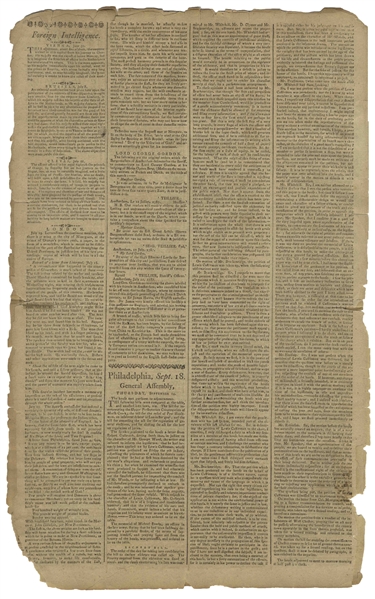 Philadelphia Newspaper From 18 September 1787, Reporting on the Constitutional Convention That Ended a Day Earlier on 17 September, When the U.S. Constitution Was Signed